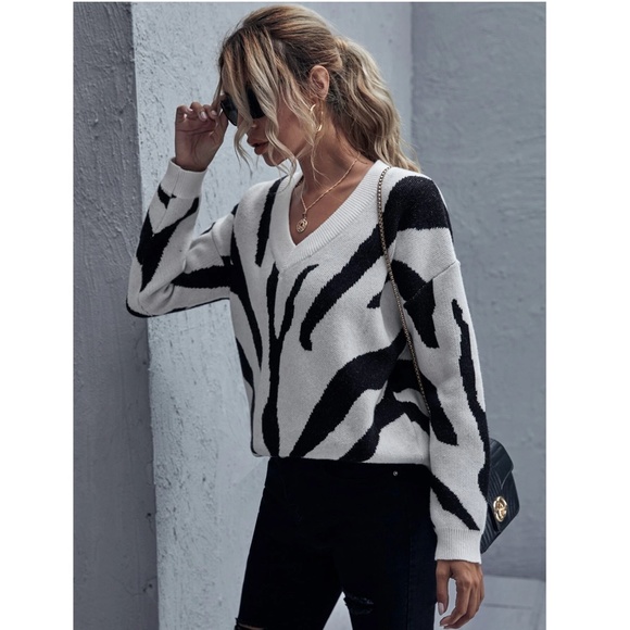 Zebra Stripes Printed V-Neck Sweater White & Black Drop Shoulder Knit - Picture 5 of 6